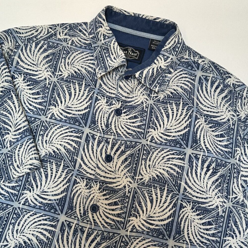 Nat Nast Shirt Mens Medium Silk Cotton Blend Blue Palm Leaf Button Up Camp Shirt - Picture 1 of 14